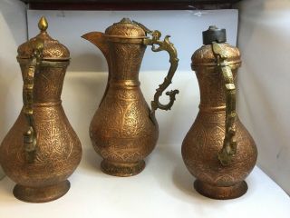 Trio Of Antique Copper Middle Eastern Islamic Dallah / Arabic Coffee Pot / Ewers 4