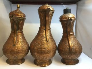 Trio Of Antique Copper Middle Eastern Islamic Dallah / Arabic Coffee Pot / Ewers 5