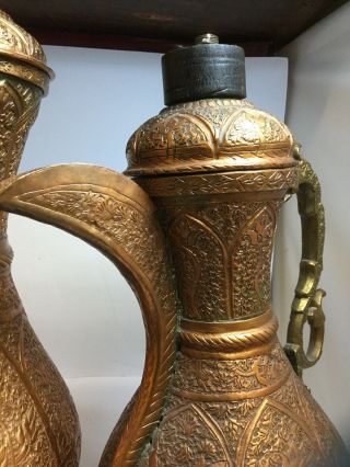 Trio Of Antique Copper Middle Eastern Islamic Dallah / Arabic Coffee Pot / Ewers 7
