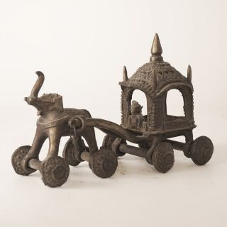 Antique Bronze Elephant Carriage Temple Toy Rider India 1900s Ornate Wheels