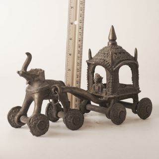 Antique Bronze Elephant Carriage Temple Toy Rider India 1900s Ornate Wheels 2