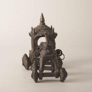 Antique Bronze Elephant Carriage Temple Toy Rider India 1900s Ornate Wheels 3