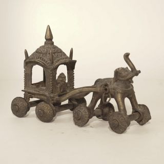 Antique Bronze Elephant Carriage Temple Toy Rider India 1900s Ornate Wheels 4