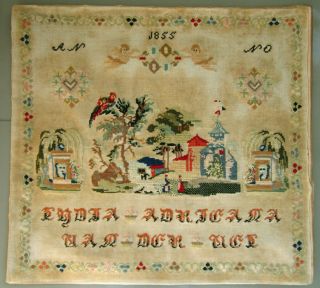 1855 Romantic Dutch Wool Work Sampler Angels Hearts Landscape Sticktuch