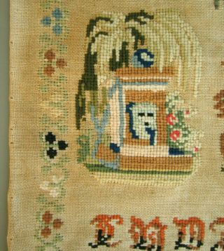 1855 ROMANTIC DUTCH WOOL WORK SAMPLER ANGELS HEARTS LANDSCAPE STICKTUCH 4