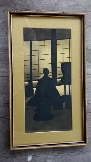 Rare Midcentury Japanese Framed Silhouette Drawing Japanese Scholar