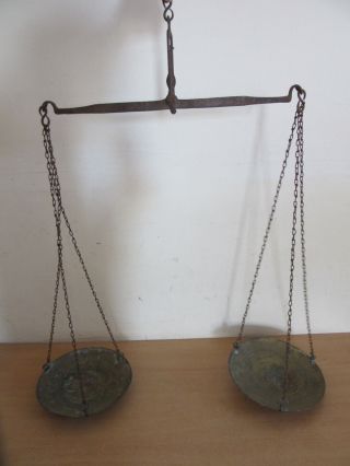 Antique Middle Eastern Iron & Brass Plate Hanging Balance Scale