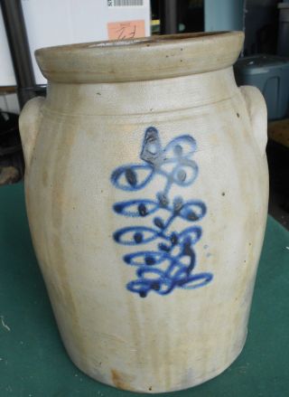 Primitive Antique Salt Glazed Stoneware Blue Design Crock Connolly & Palm N.  J.