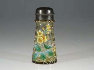 Victorian Glass Amber Baby Coin Dot Sugar Shaker Enameled Flowers C.  1890