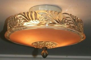 Vintage Art Deco Flush Mount Pink Glass Chandelier Light Fixture Rewired