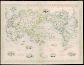1850 Rare Antique Map " The World On Mercator 