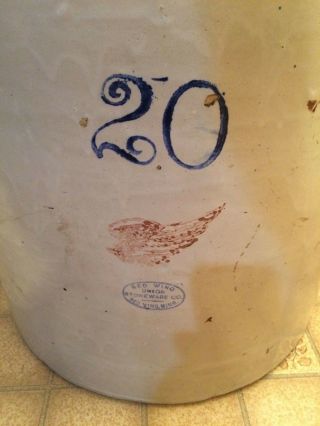 ANTIQUE 20 GALLON RED WING STONEWARE POTTERY CROCK WITH HANDLES SMALL WING 2