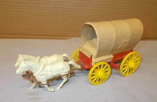 Marx Wagon Train Playset 60mm Red Buckboard Wagon W/tan Cover,  Seat,  Horses,  L@@k