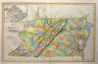 Map Of Virginia & Maryland,  Washington,  Georgetown Antique C1831 Colour