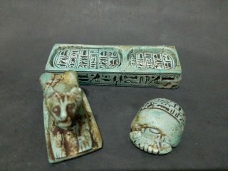 Ancient Egyptian Antiques Box (Lion,  Scarab,  2 Talisman 1 USHABTI,  1 Ubasti) BC 11