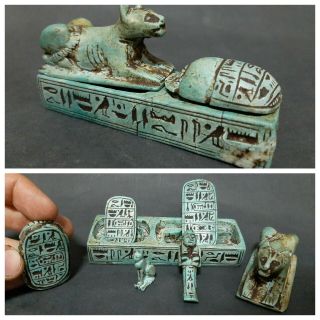 Ancient Egyptian Antiques Box (lion,  Scarab,  2 Talisman 1 Ushabti,  1 Ubasti) Bc