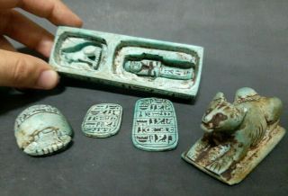 Ancient Egyptian Antiques Box (Lion,  Scarab,  2 Talisman 1 USHABTI,  1 Ubasti) BC 3