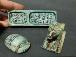 Ancient Egyptian Antiques Box (Lion,  Scarab,  2 Talisman 1 USHABTI,  1 Ubasti) BC 7