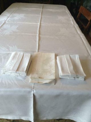 Elegant Vntg White Damask Irish Linen Tablecloth 72x108 12 Napkins 22x22