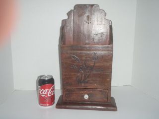 Antique Wooden Folk Art Primitive Wall Box With Drawer