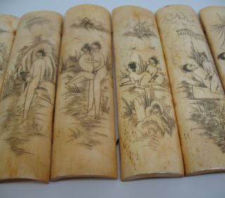 VTG EROTIC SCRIMSHAW KAMA SUTRA 10 BONE TILE PANEL ETCHINGS SEXUAL POSITIONS 3