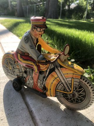 Vintage Marx “Rookie Cop” Linemar USA Yellow Tin Wind - up Motorcycle Antique Toy 2