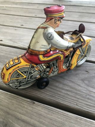 Vintage Marx “Rookie Cop” Linemar USA Yellow Tin Wind - up Motorcycle Antique Toy 9