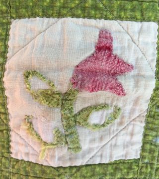 ANTIQUE Doll Quilt - Authentic 19th Century Calico - Appliqué - Green and Red 3