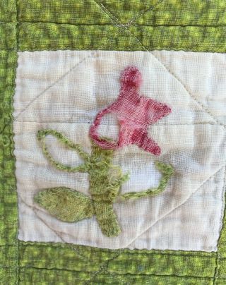 ANTIQUE Doll Quilt - Authentic 19th Century Calico - Appliqué - Green and Red 4