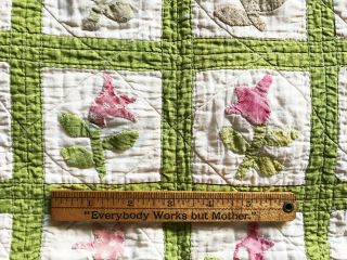 ANTIQUE Doll Quilt - Authentic 19th Century Calico - Appliqué - Green and Red 6