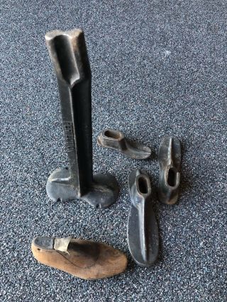 Antique Vintage Cast Iron Shoe Maker Stand With 4 Forms Lasts Cobbler Wood Metal 12