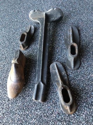 Antique Vintage Cast Iron Shoe Maker Stand With 4 Forms Lasts Cobbler Wood Metal