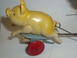 FARMER SWINGING STICK CHASES SQUEALING PIG RUNS TIN & CELLULOID WINDUP TOY JAPAN 12
