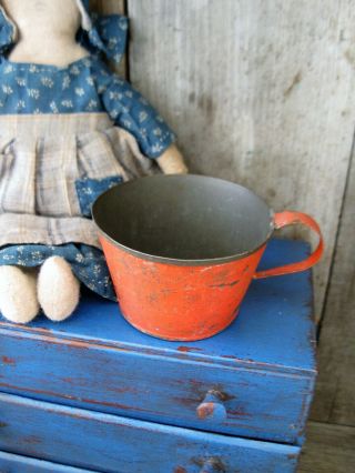 Early Antique Child ' s Toy Tin Cup Red Paint & Stencils 4