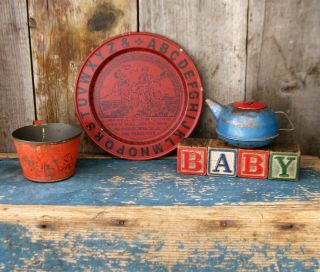Early Antique Child ' s Toy Tin Cup Red Paint & Stencils 9