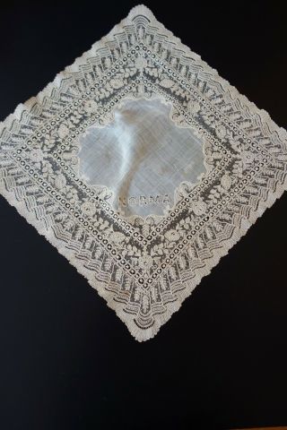 Antique Lace - C.  1900,  Fine Brussels Point De Gaze Lace Handkerchief