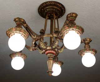 LARGE 20 ' s Art Deco Antique Vintage Riddle Ceiling Light Fixture Chandelier 2
