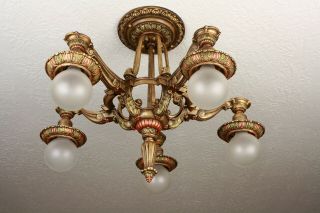 LARGE 20 ' s Art Deco Antique Vintage Riddle Ceiling Light Fixture Chandelier 3