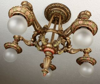 LARGE 20 ' s Art Deco Antique Vintage Riddle Ceiling Light Fixture Chandelier 4