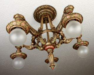LARGE 20 ' s Art Deco Antique Vintage Riddle Ceiling Light Fixture Chandelier 5