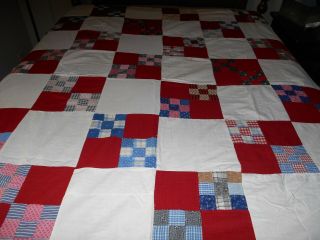 Antique Vintage Hand Stitched Quilt Top - Red And Blue