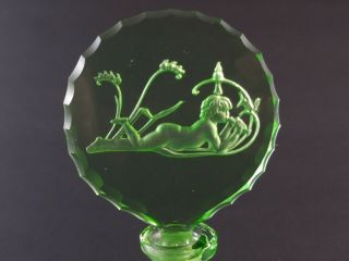 Vintage Czech Perfume Bottle Green Uranium with Nude Figure Topper - Cond. 2