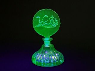 Vintage Czech Perfume Bottle Green Uranium with Nude Figure Topper - Cond. 5