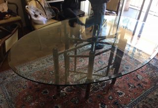 Vintage Mcguire Furniture Rattan Leather Glass Dining Table Oval Tropical Tiki