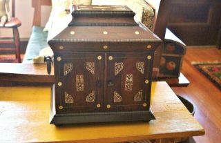 Antique Inlaid Ladies Necessities Box Interior Lap Desk Jewelry &Sewing Drawer 2