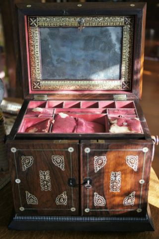Antique Inlaid Ladies Necessities Box Interior Lap Desk Jewelry &Sewing Drawer 4