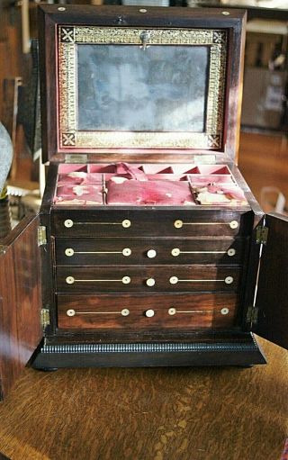 Antique Inlaid Ladies Necessities Box Interior Lap Desk Jewelry &Sewing Drawer 5