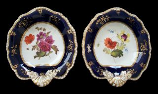 Victorian Hand Painted Porcelain Low Comports - Cobalt Rims - U K - Circa 1850 