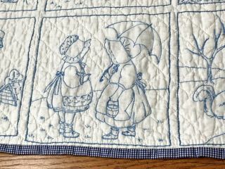 American Farmhouse c 1930s Pictorial BLUE Work Vintage CRIB Quilt 11