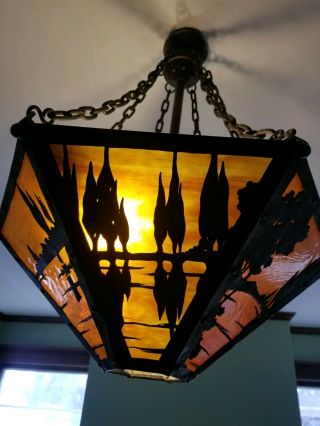 Mission,  Arts & Crafts Slag Glass Hanging Light Fixture,  Early 1900s
